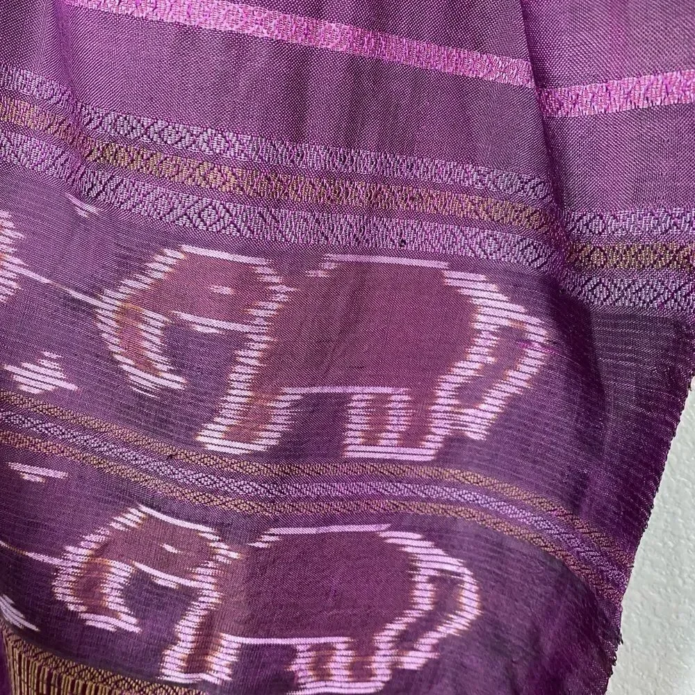 Island Mountain Thai Silk Purple Striped Elephant Print Fringe Scarf